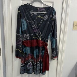 Chic Long Sleeve Floral Dress with Red Sash